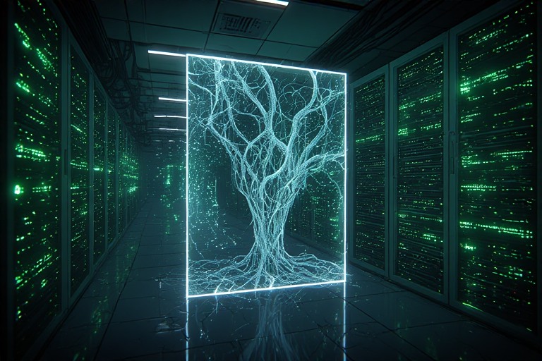 A dim data center hallway with server racks on both sides and a glowing rectangular display in the center showing a branching light pattern.