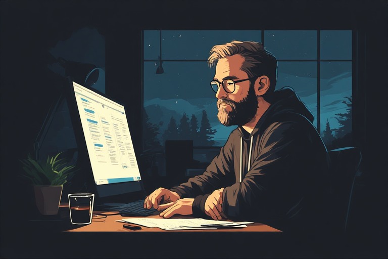 Illustration of a bearded technical marketer working late at a desk, reviewing content on a large monitor in a dark office with windows behind him.