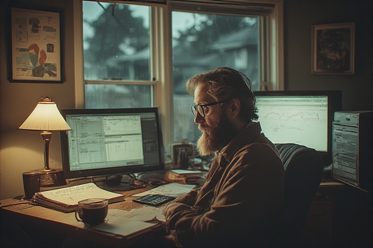 Person working alone late at night at a home office desk with dual monitors, notes, and warm lamplight, reflecting the human side of sustained content and workflow execution.