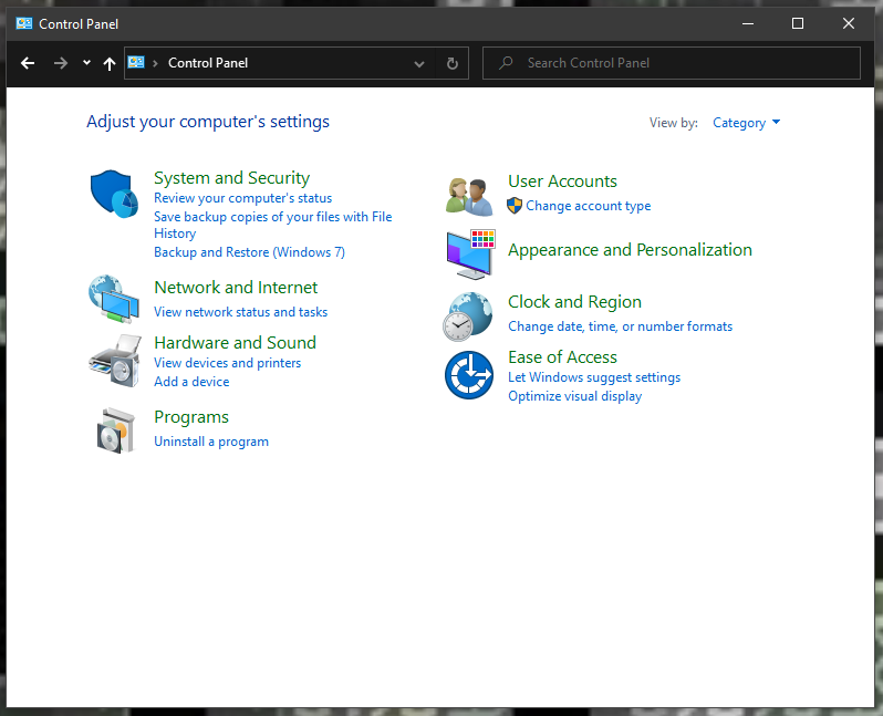 Windows Control Panel main interface.