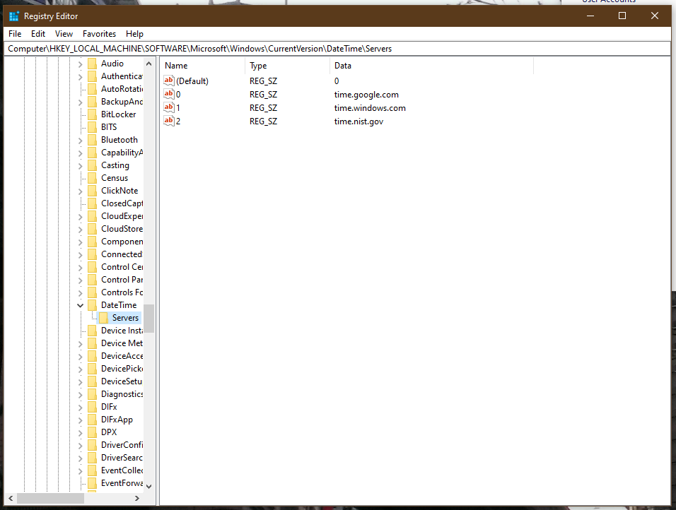 Registry Editor showing the DateTime Servers key
