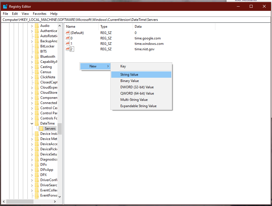 Registry Editor creating a new string value entry