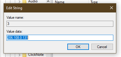 Registry value showing a custom NTP server address