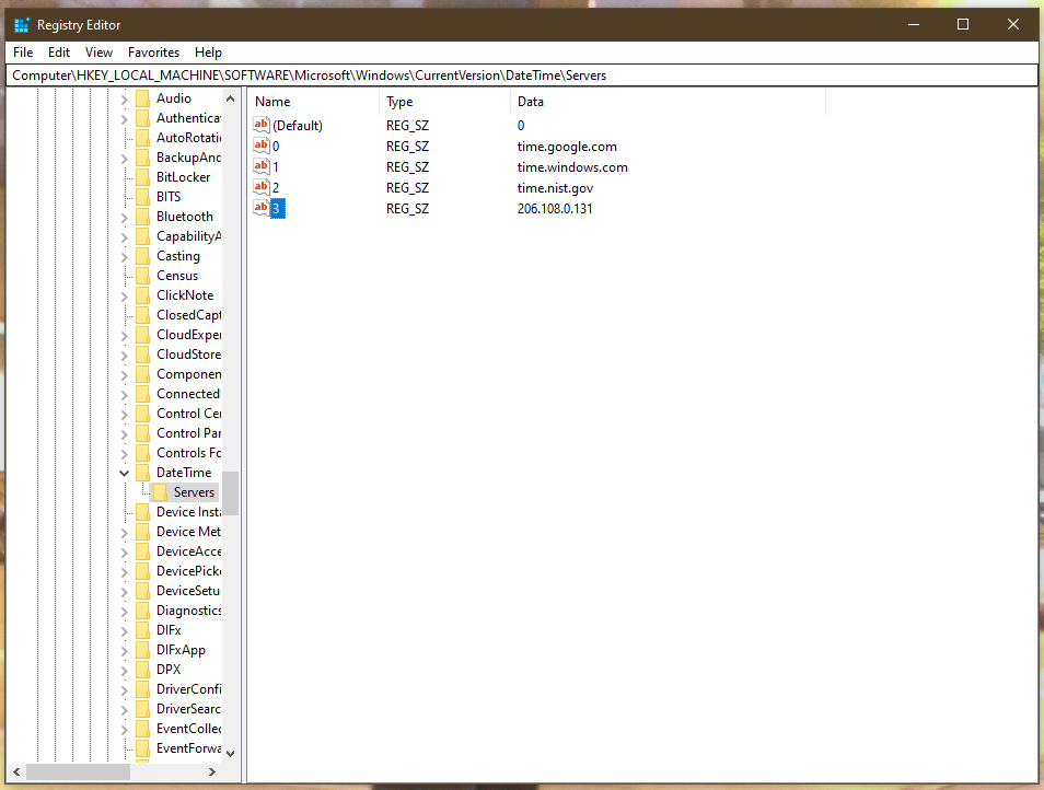 The updated NTP server existing in the registry as a string value