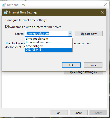 Internet Time server dropdown showing newly added NTP server