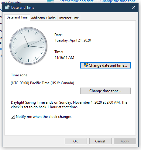 Windows Date and Time configuration window
