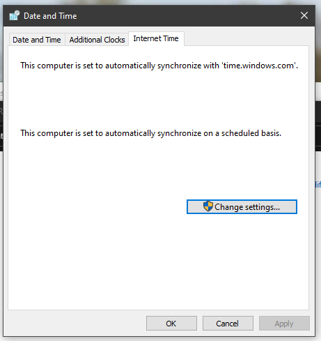 Date and Time dialog showing Internet Time tab and sync status