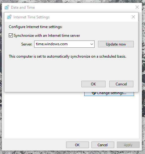 Internet Time Settings window showing NTP server configuration options