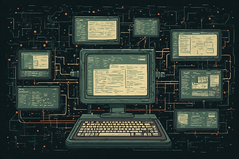 Illustrated retro computer terminal surrounded by multiple connected screens, representing AI-driven work moving across tools and systems while the activity appears to come from a single user.