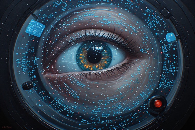 A painted human eye surrounded by blue data points and circular interface elements, representing agent observability, audit trails, and evidence-grade logging.