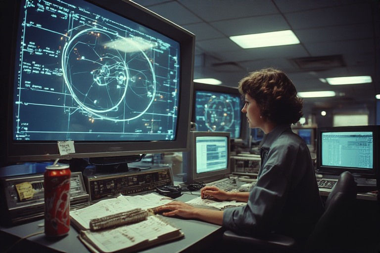 Person working at an operations console with large system displays, papers, and multiple monitors