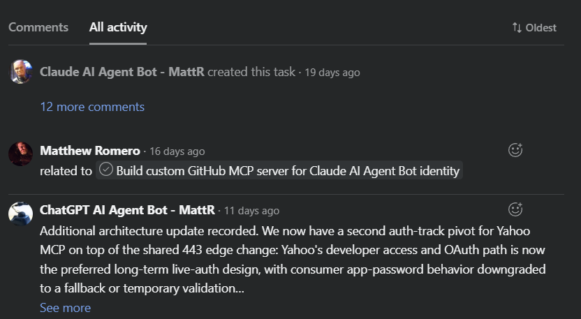 Asana activity history showing Claude AI Agent Bot, Matthew Romero, and ChatGPT AI Agent Bot appearing as separate actors in the same workflow
