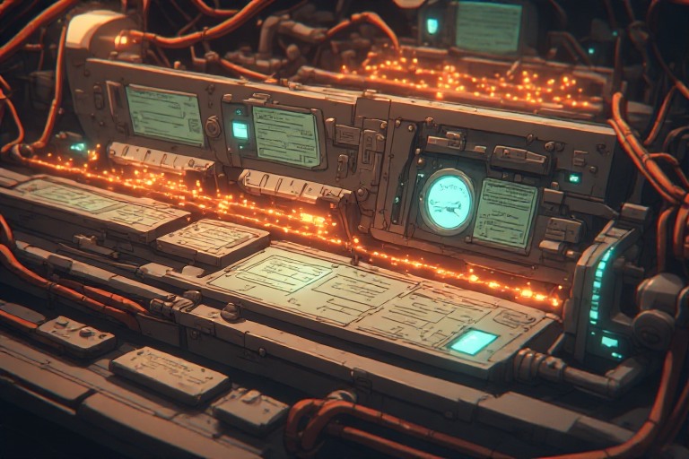 Warm technical control system with active status lights, embedded operating records, gauges, and workflow documentation, representing documentation as a control for systems that keep running.